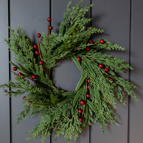 Artificial 14" Real Touch Norfolk Cypress & Red Plum Berry Wreath