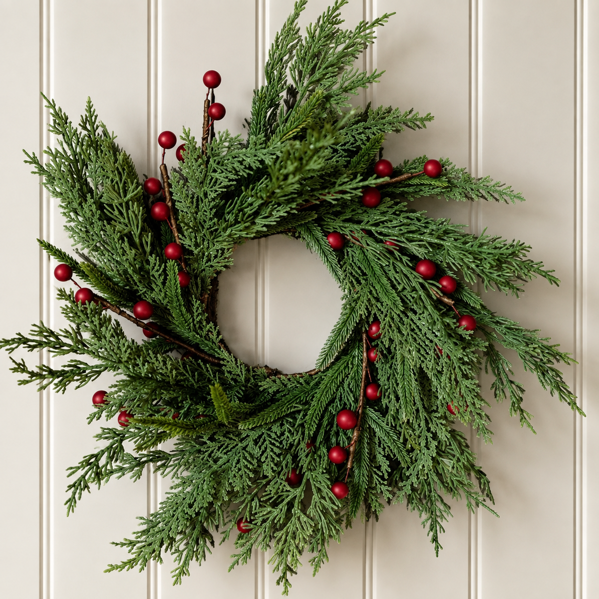 Artificial 14" Real Touch Norfolk Cypress & Red Plum Berry Wreath