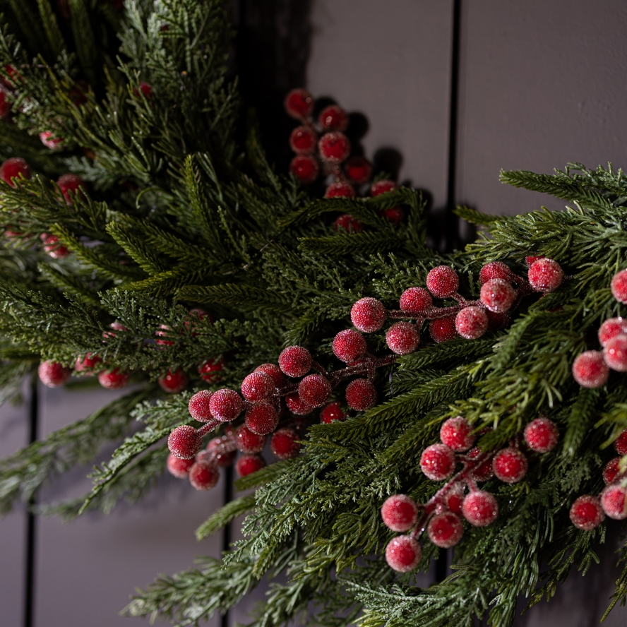 Artificial 24" Pre-Lit Real Touch Norfolk Cypress & Frosted Red Plum Berry Wreath