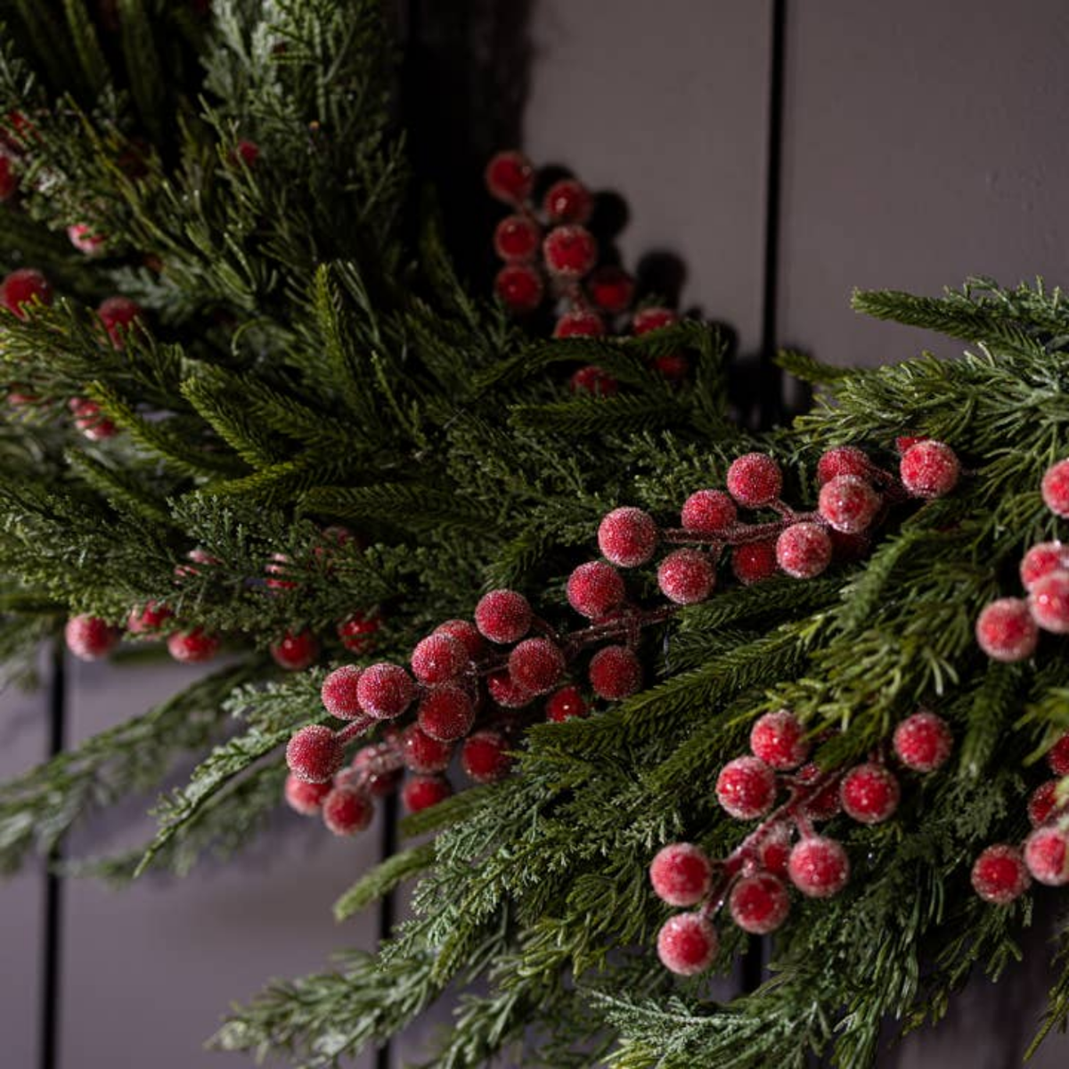 Artificial 24" Pre-Lit Real Touch Norfolk Cypress & Frosted Red Plum Berry Wreath