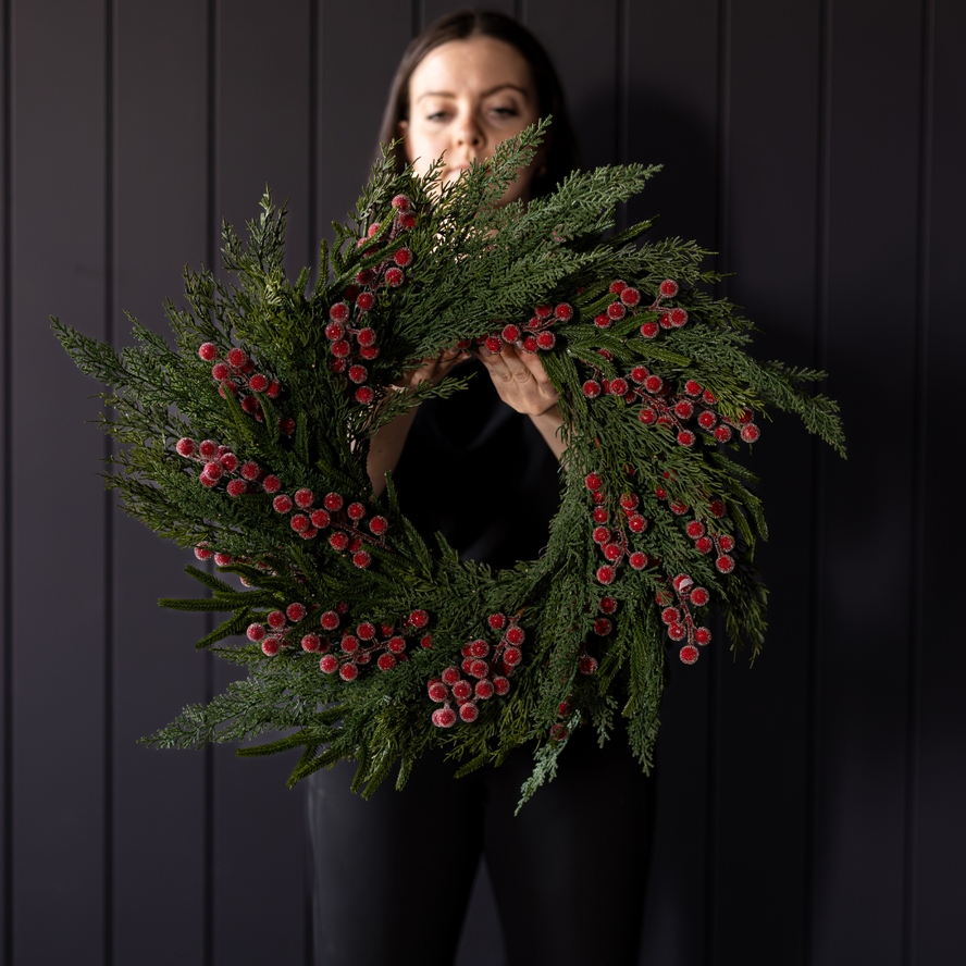 Artificial 24" Pre-Lit Real Touch Norfolk Cypress & Frosted Red Plum Berry Wreath