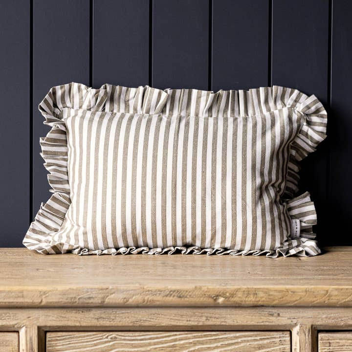 Ruffles Cotton Lumbar Toss Pillow - Olive Green