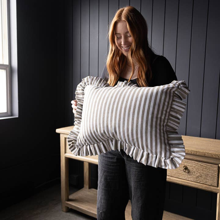 Ruffles Cotton Lumbar Toss Pillow - Olive Green