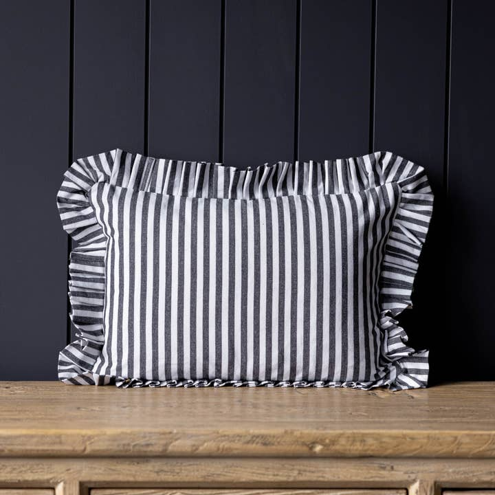 Ruffles Cotton Lumbar Toss Pillow - Black Stripe