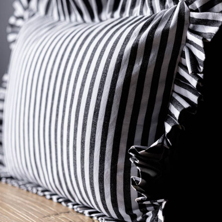 Ruffles Cotton Lumbar Toss Pillow - Black Stripe