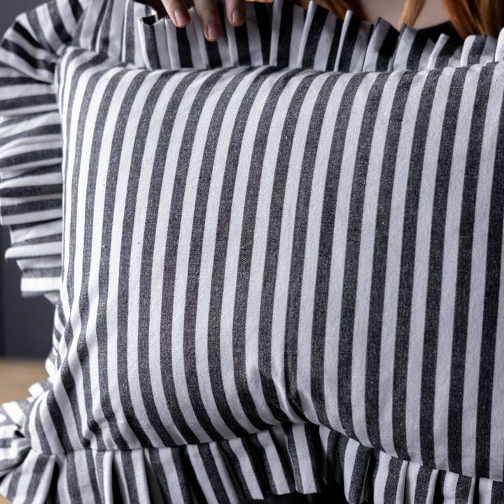 Ruffles Cotton Lumbar Toss Pillow - Black Stripe