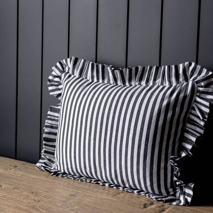 Ruffles Cotton Lumbar Toss Pillow - Black Stripe