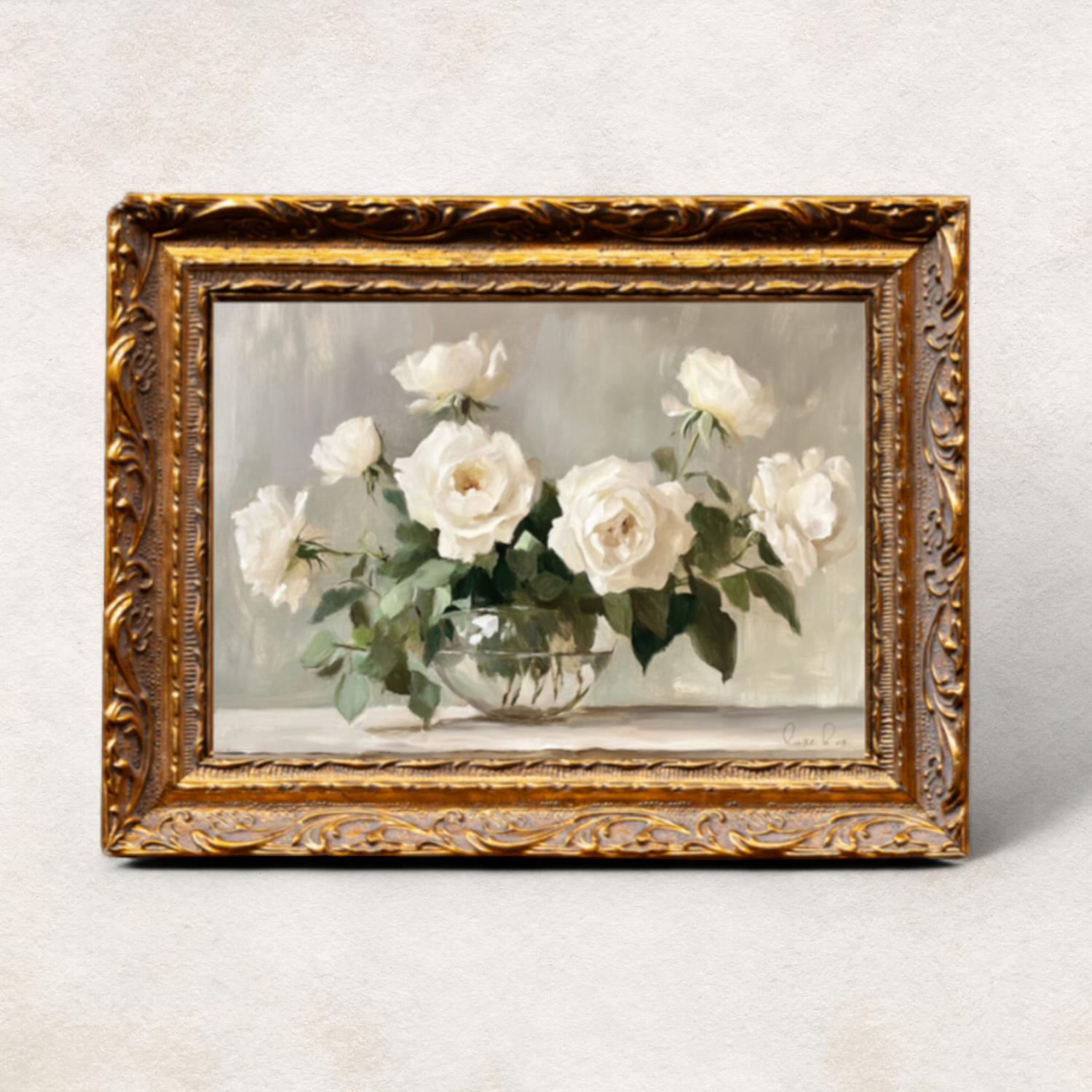 Still Life Whispers of White Roses Brass Framed Wall Art