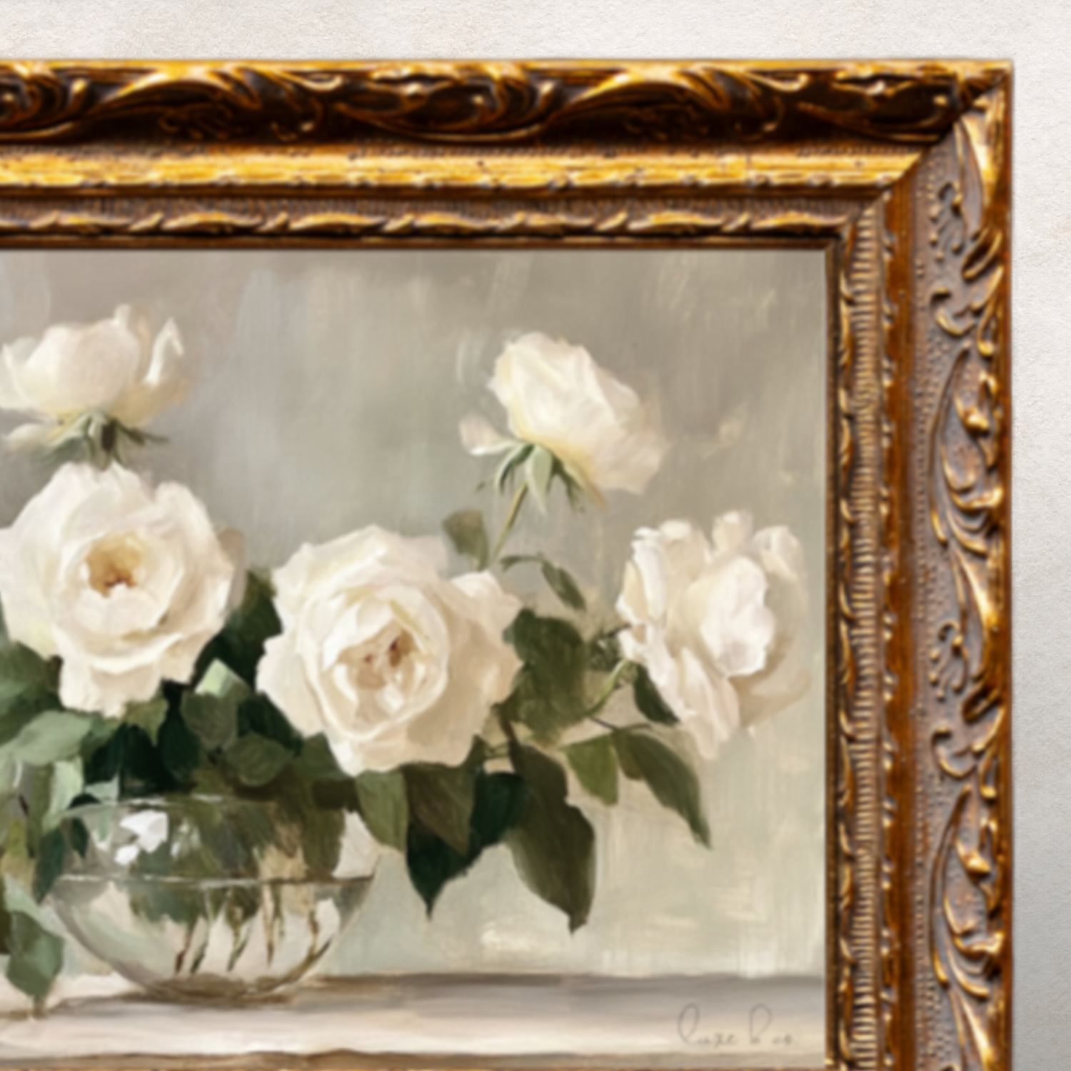 Still Life Whispers of White Roses Brass Framed Wall Art