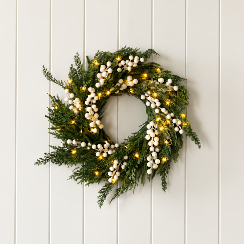 Artificial 24" Pre-Lit Real Touch Norfolk Pine & Cypress Frosted White Plum Berry Wreath