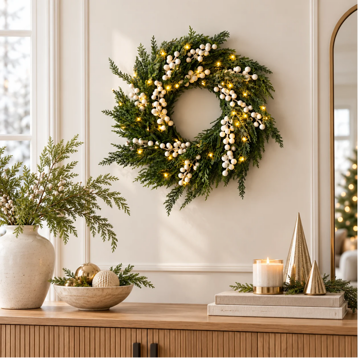 Artificial 24" Pre-Lit Real Touch Norfolk Pine & Cypress Frosted White Plum Berry Wreath
