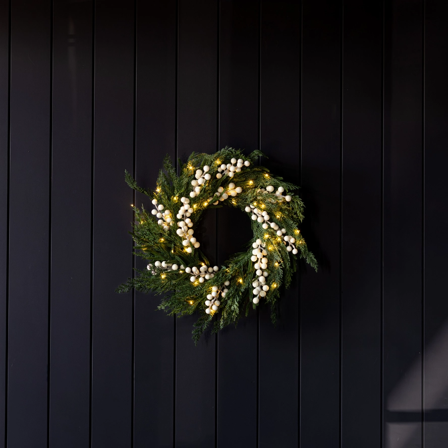Artificial 24" Pre-Lit Real Touch Norfolk Pine & Cypress Frosted White Plum Berry Wreath
