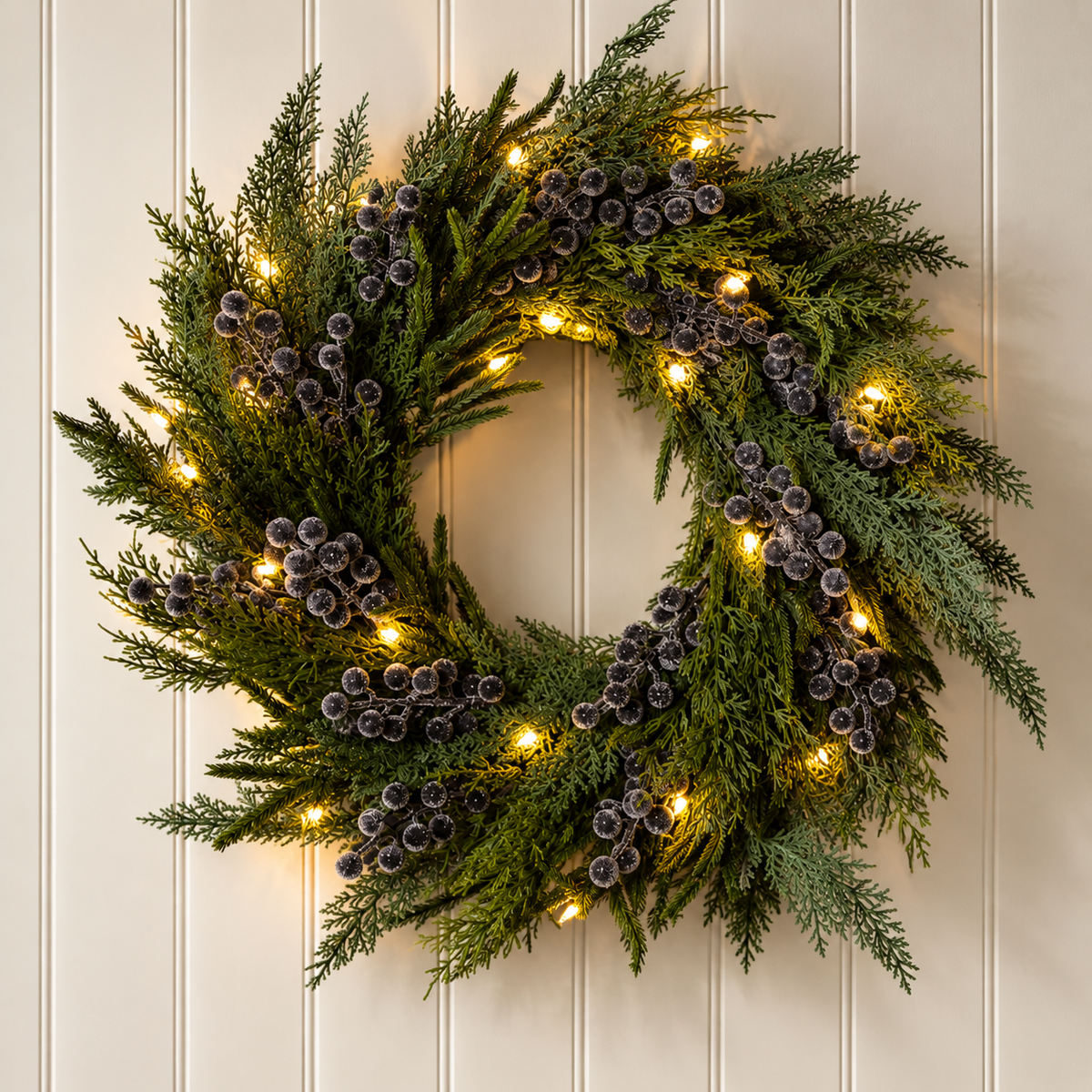 Artificial 24" Pre-Lit Real Touch Cypress & Frosted Blue Plum Berry Wreath