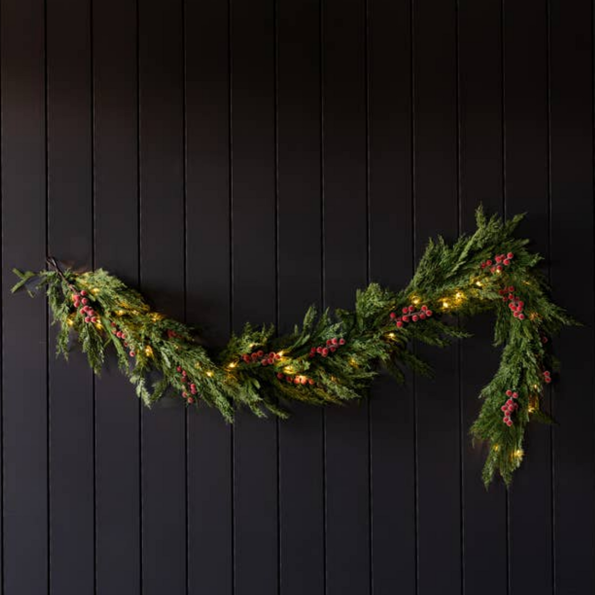 Artificial 6ft Pre-Lit Real Touch Norfolk Cypress & Frosted Red Plum Berry Garland