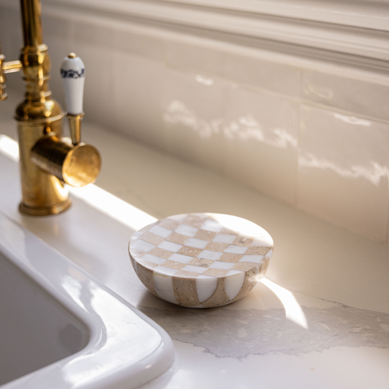 Checkered Travertine Marble Soap Dish