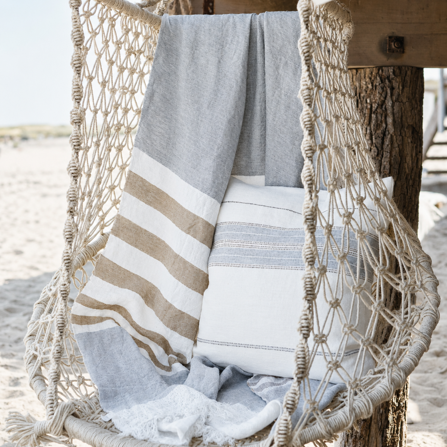 Homestead Fringe Linen Towel/Throw - Ash Stripe
