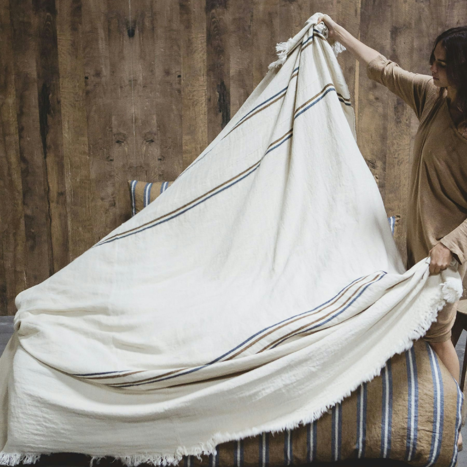 Costal Loft Belgian Linen Bed Blanket - Brown/ Blue Stripe