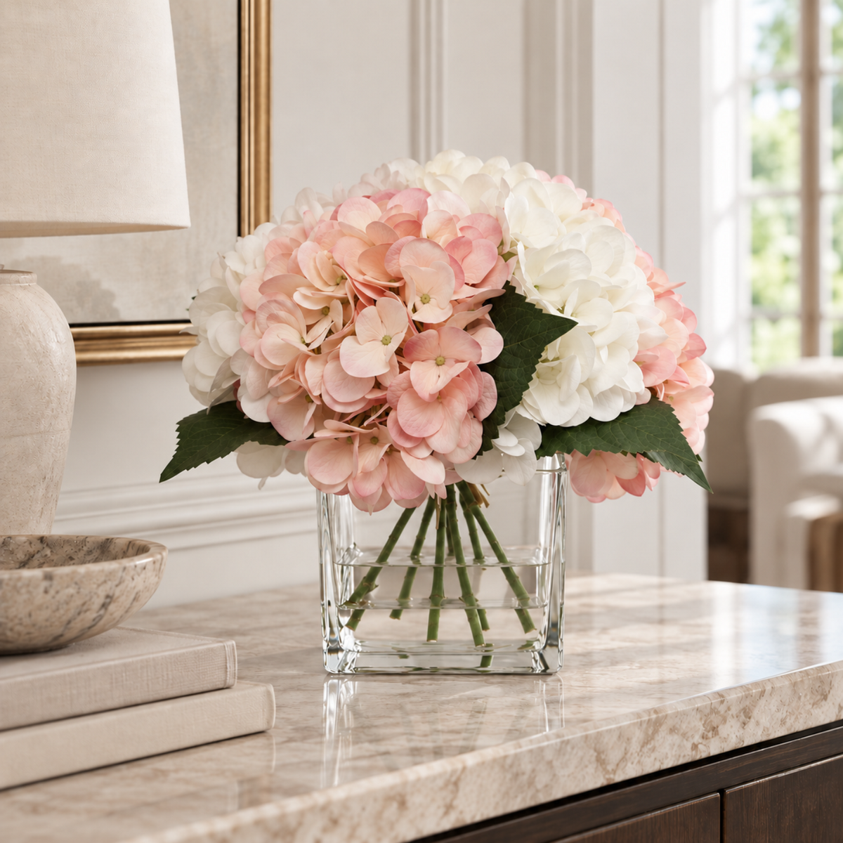Artificial Hydrangea Bouquet with Glass Vase - Pink & White