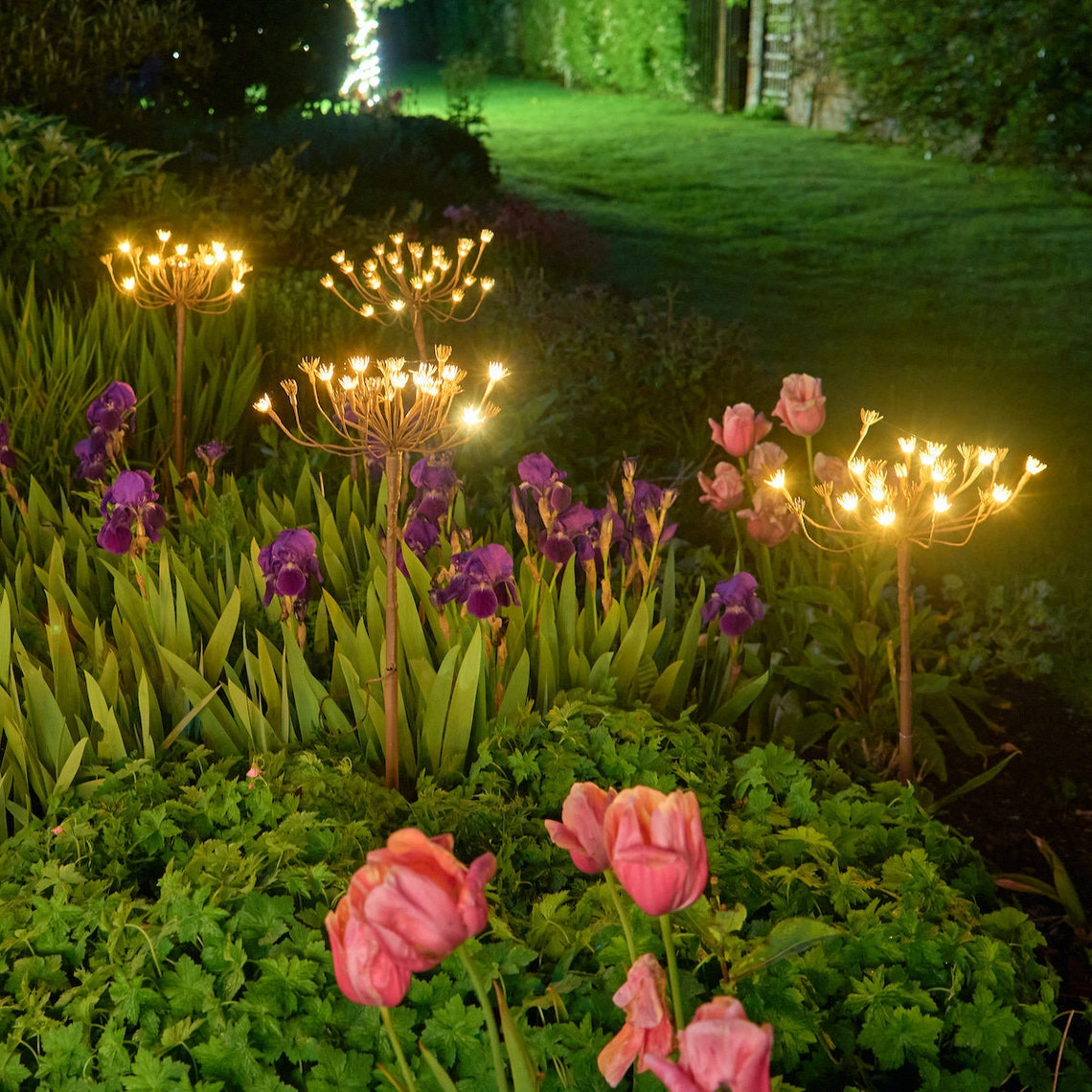Garden at night with illuminated floral lights and pink flowers.