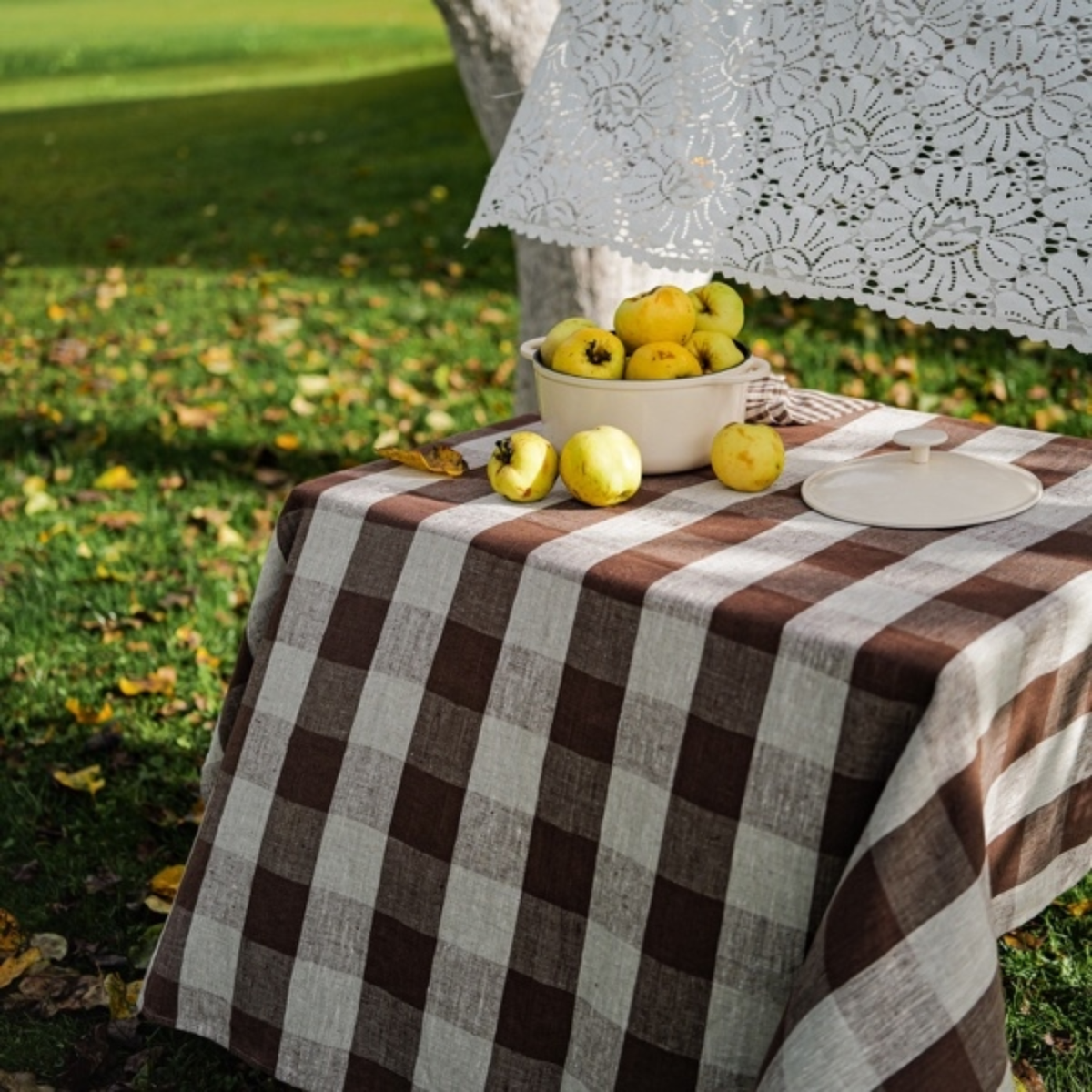 Check Linen Table Cloth - Choco Natural