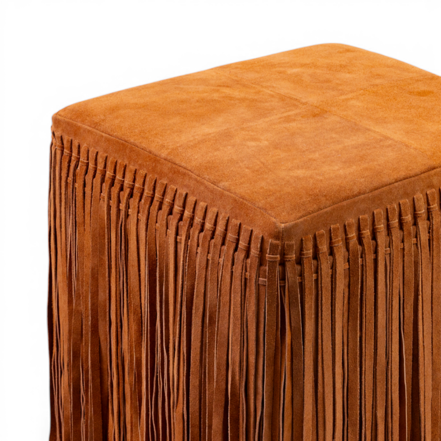 Suede Fringe Square Ottoman - Cognac
