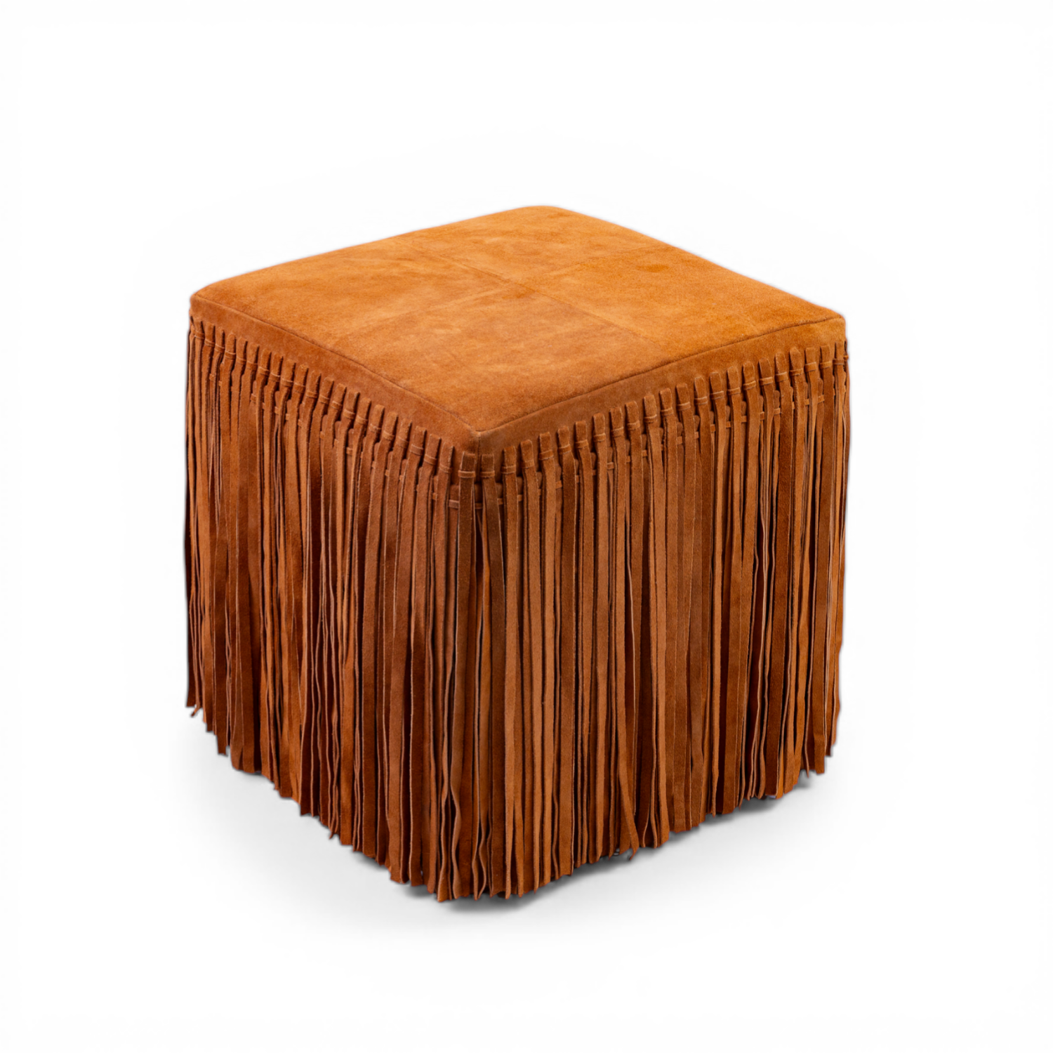 Suede Fringe Square Ottoman - Cognac