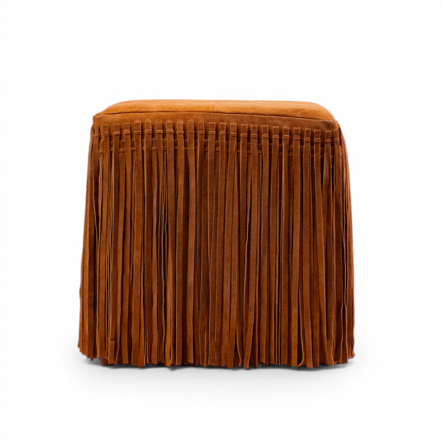 Suede Fringe Square Ottoman - Cognac
