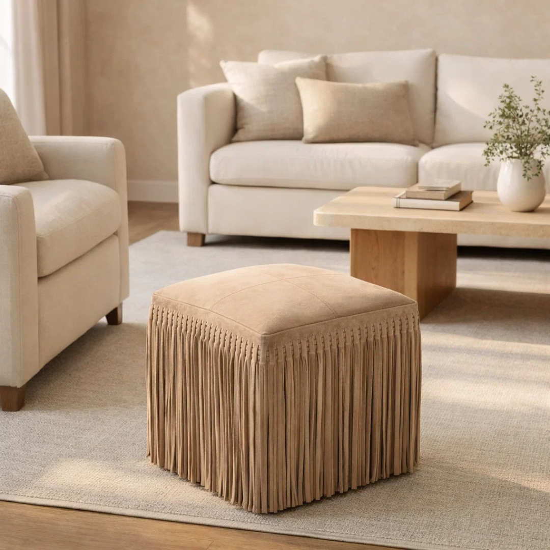 Suede Fringe Square Ottoman - Taupe