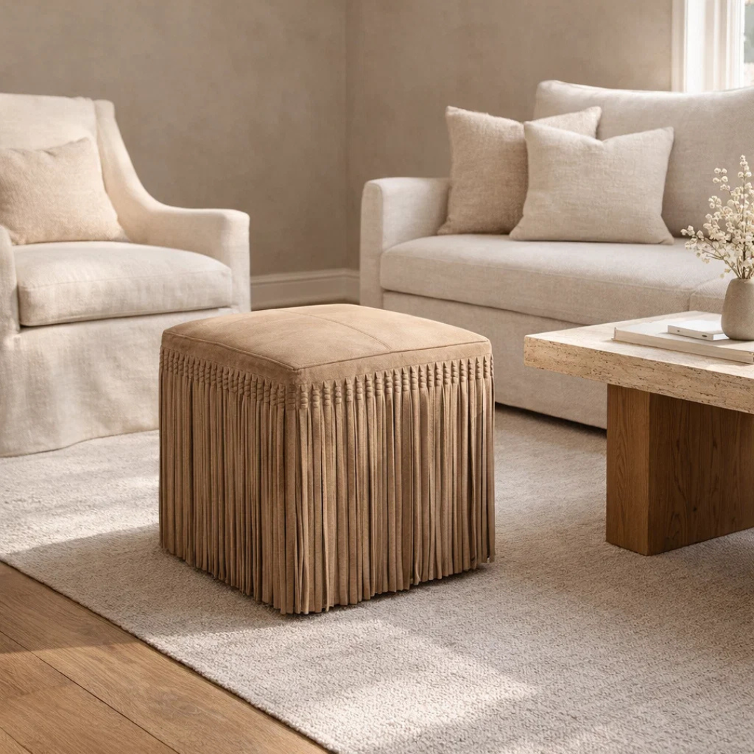 Suede Fringe Square Ottoman - Taupe