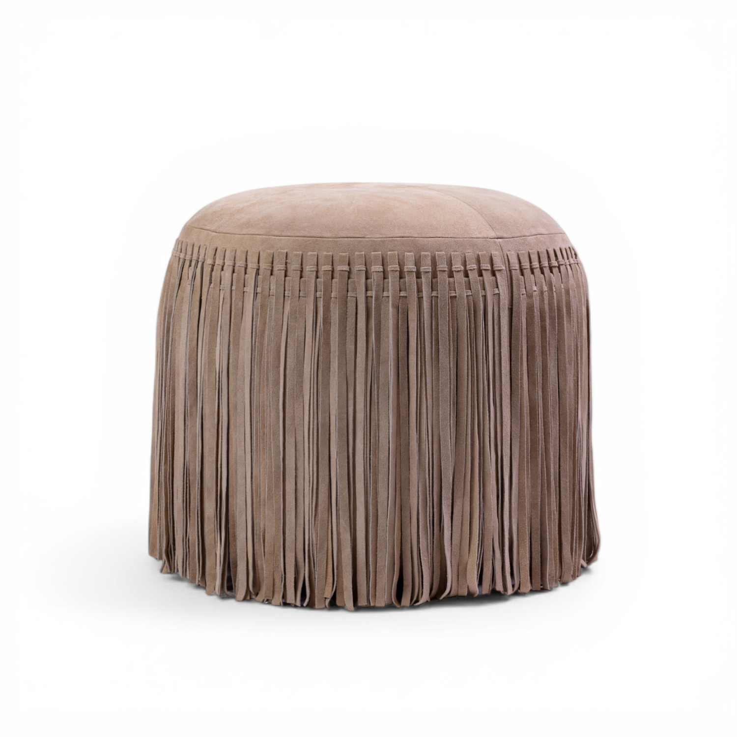 Suede Fringe Round Ottoman - Taupe