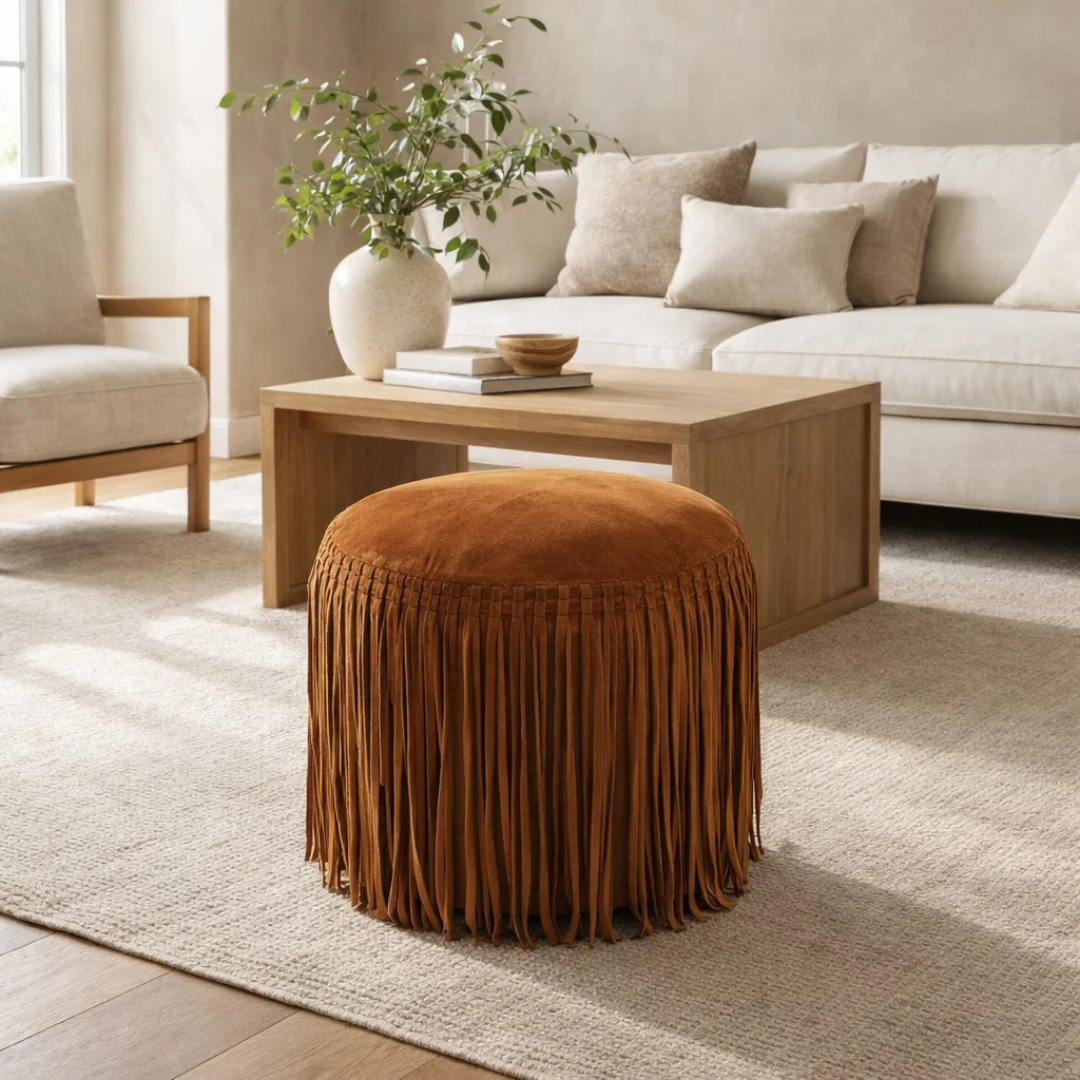 Suede Fringe Round Ottoman - Cognac
