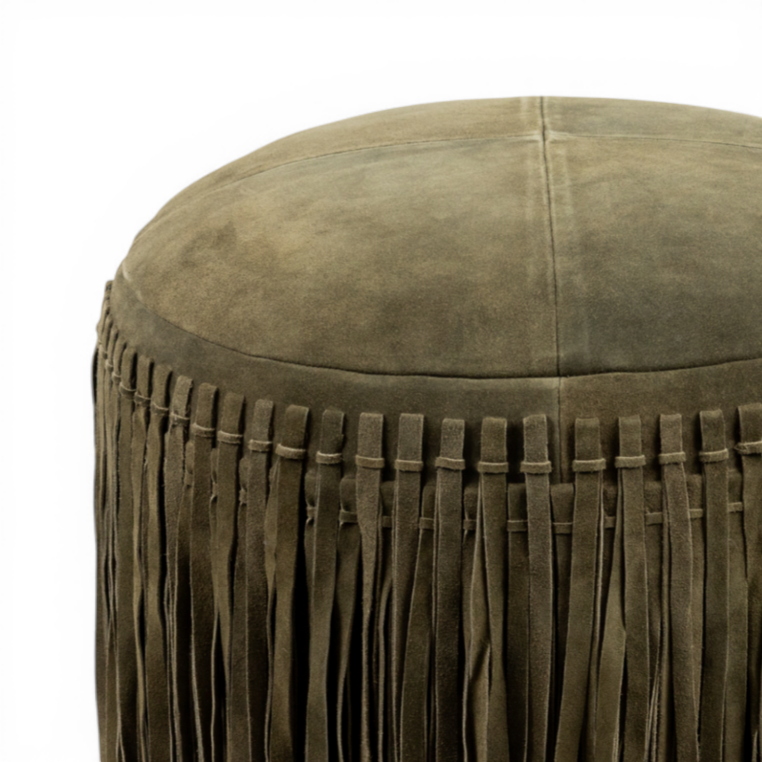 Suede Fringe Round Ottoman - Forest Green
