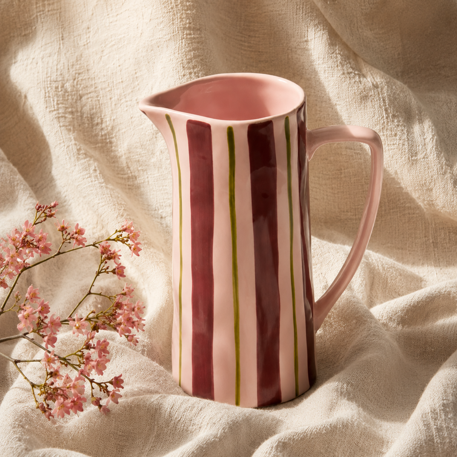 Bold Striped Decorative Jug Vase - Pink/Burgundy