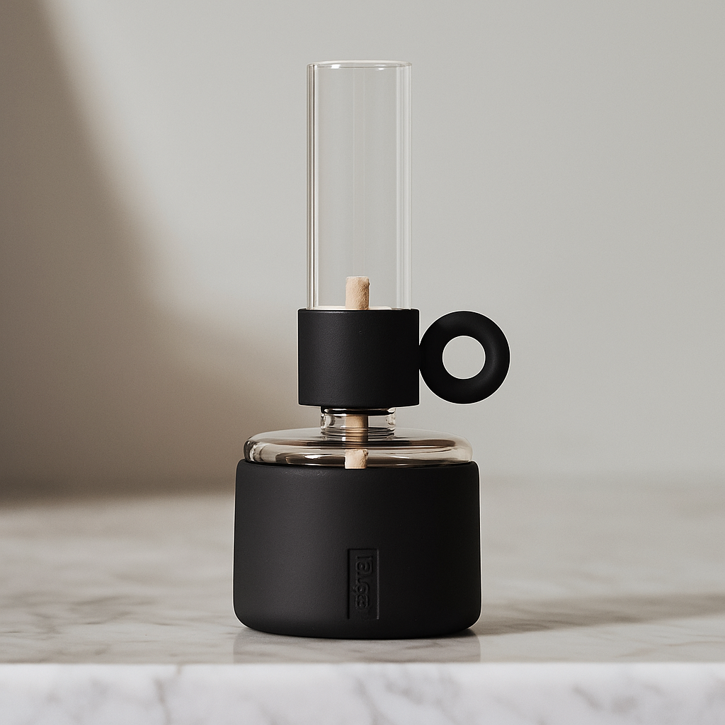 Black and clear glass oil diffuser on a marble surface with a neutral background