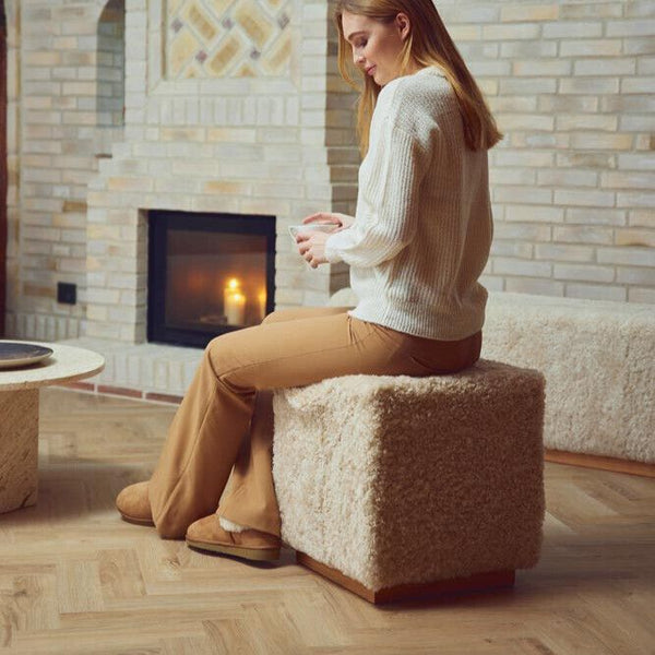 Bergen Wool Sheepskin Ottoman - Pearl