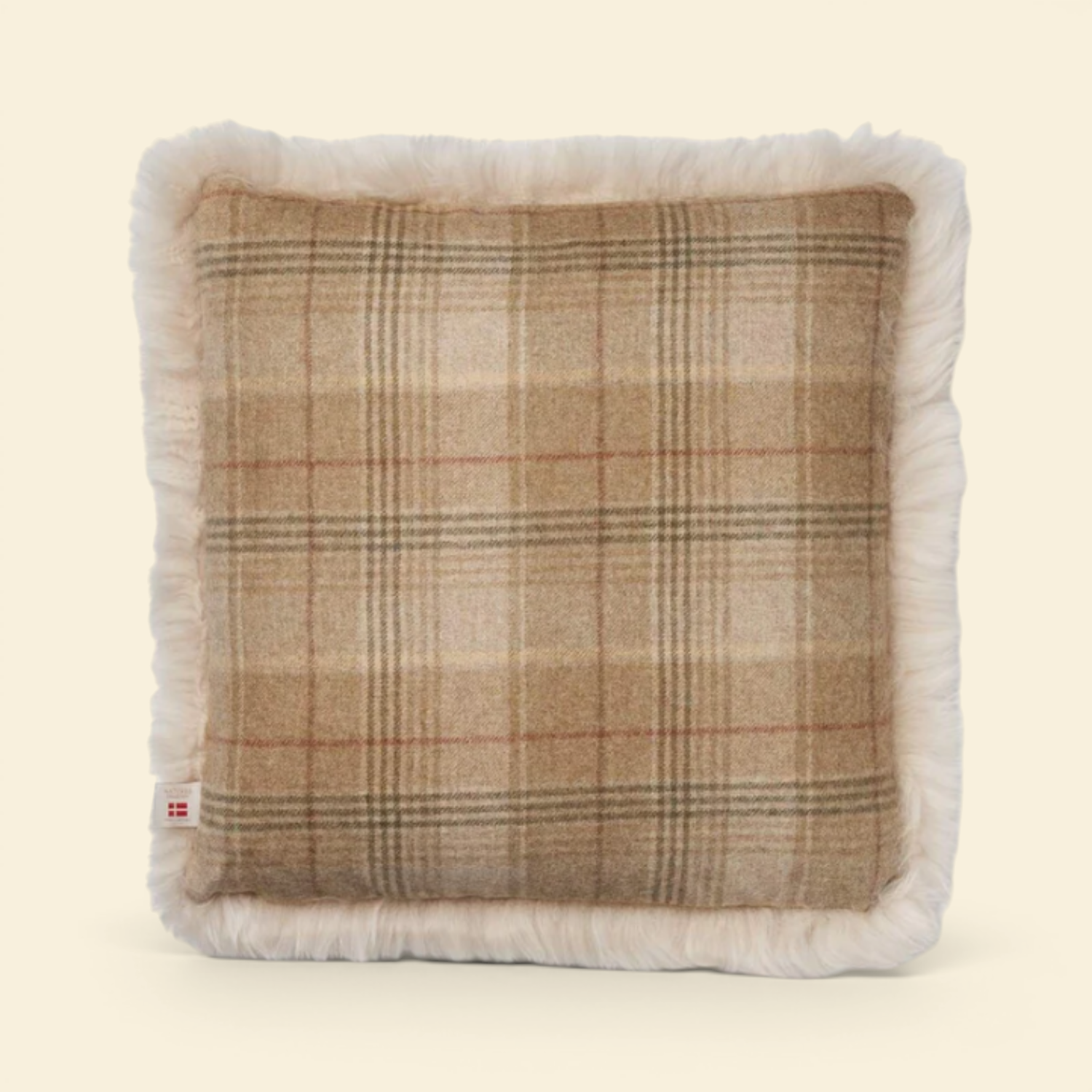 Astrid Reversible Plaid Long-Wool Trim Toss Pillow - Sand/Beige/Linen