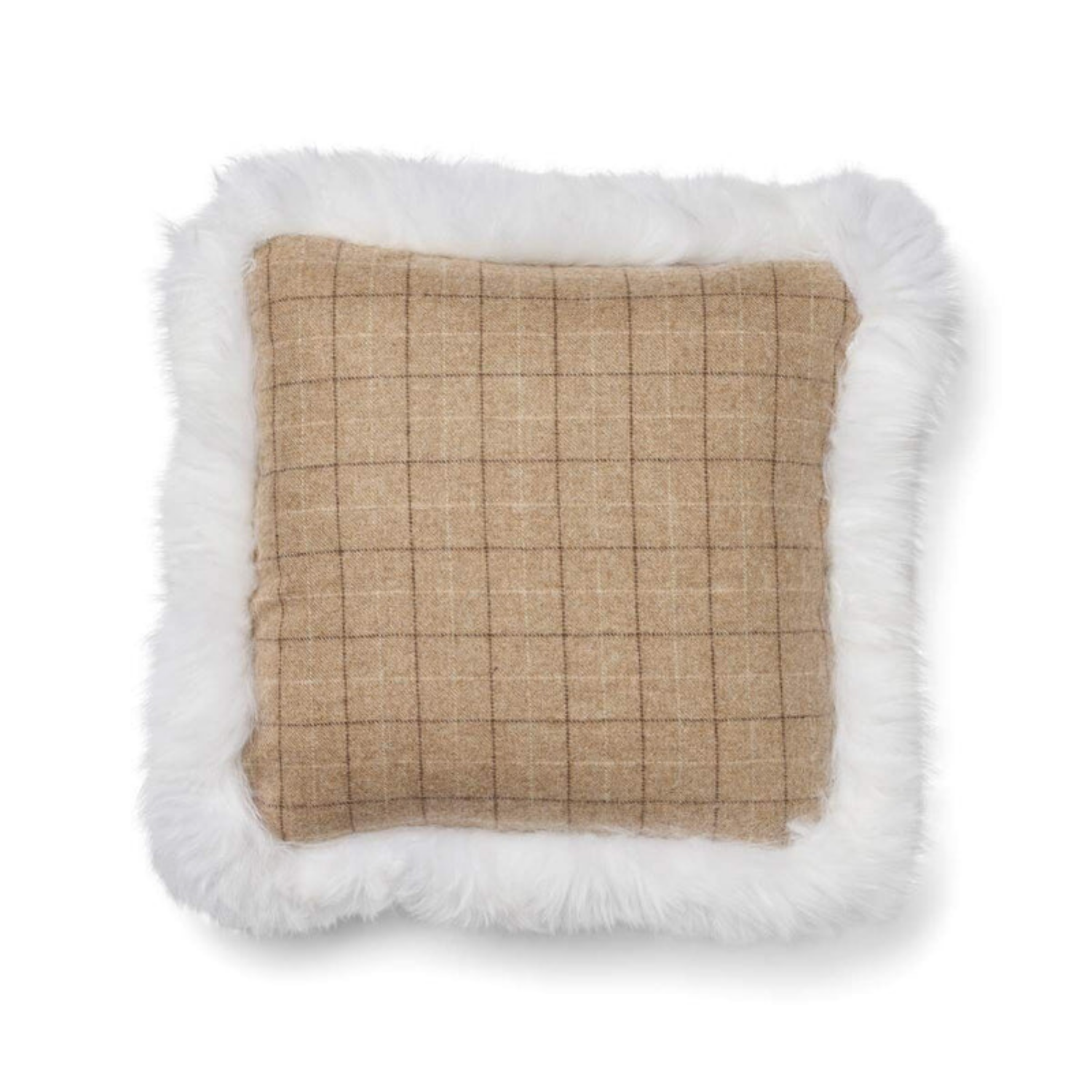 Astrid Plaid Long-Wool Trim Toss Pillow - Oatmeal/Beige/Ivory