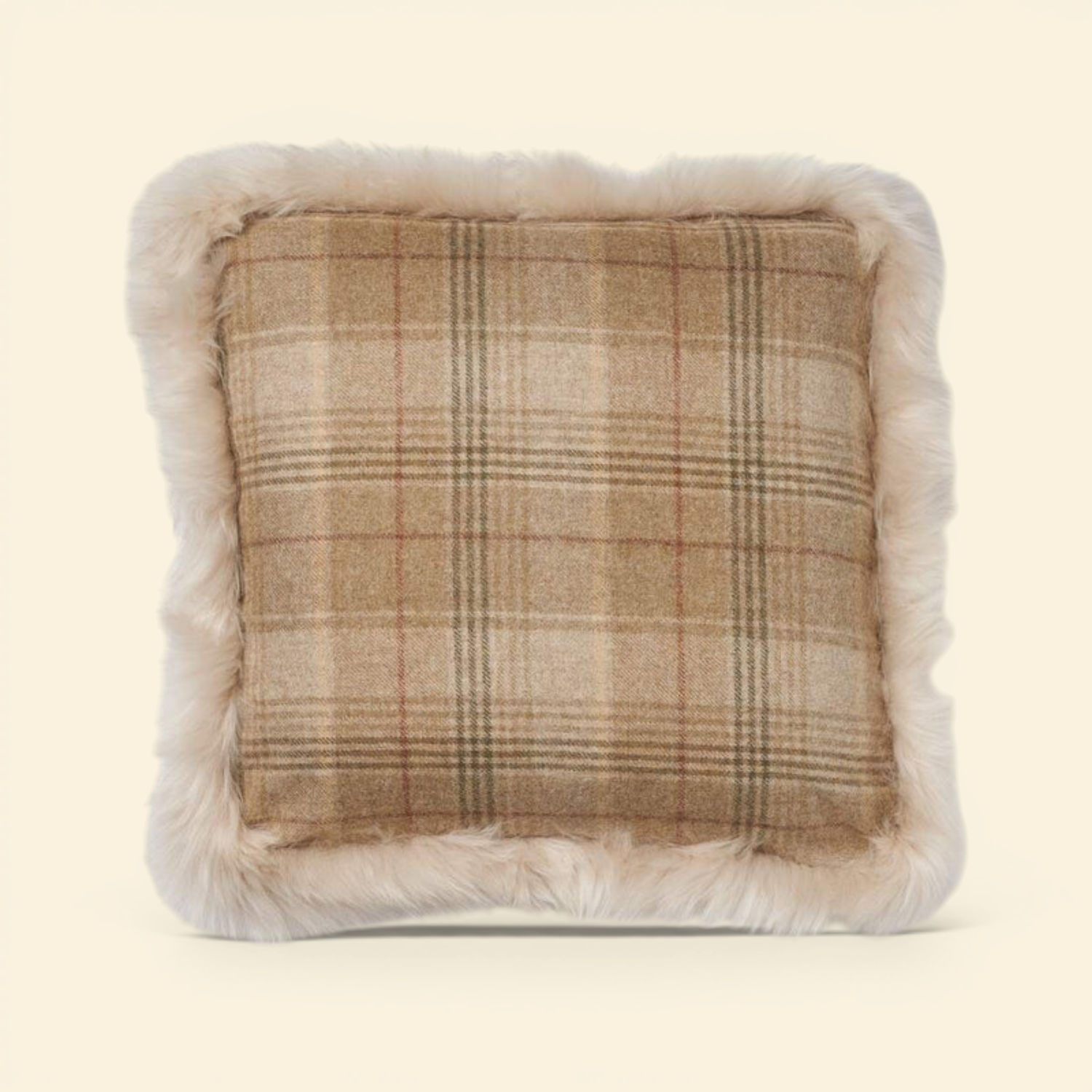 Astrid Plaid Long-Wool Trim Toss Pillow - Sand/Beige/Linen