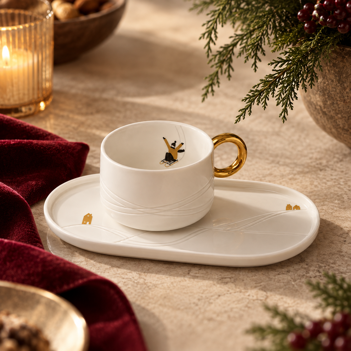 Frosted Porcelain Snow Day Mug W/ Plate
