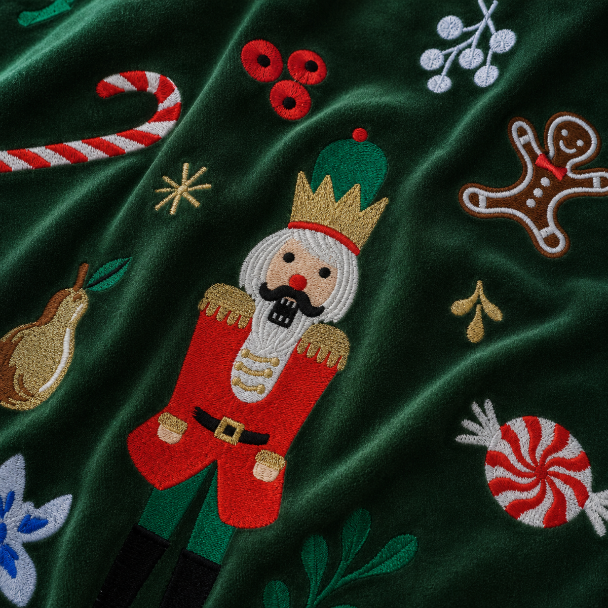 Nutcracker Wonderland Embroidered Green Velvet Tree Skirt