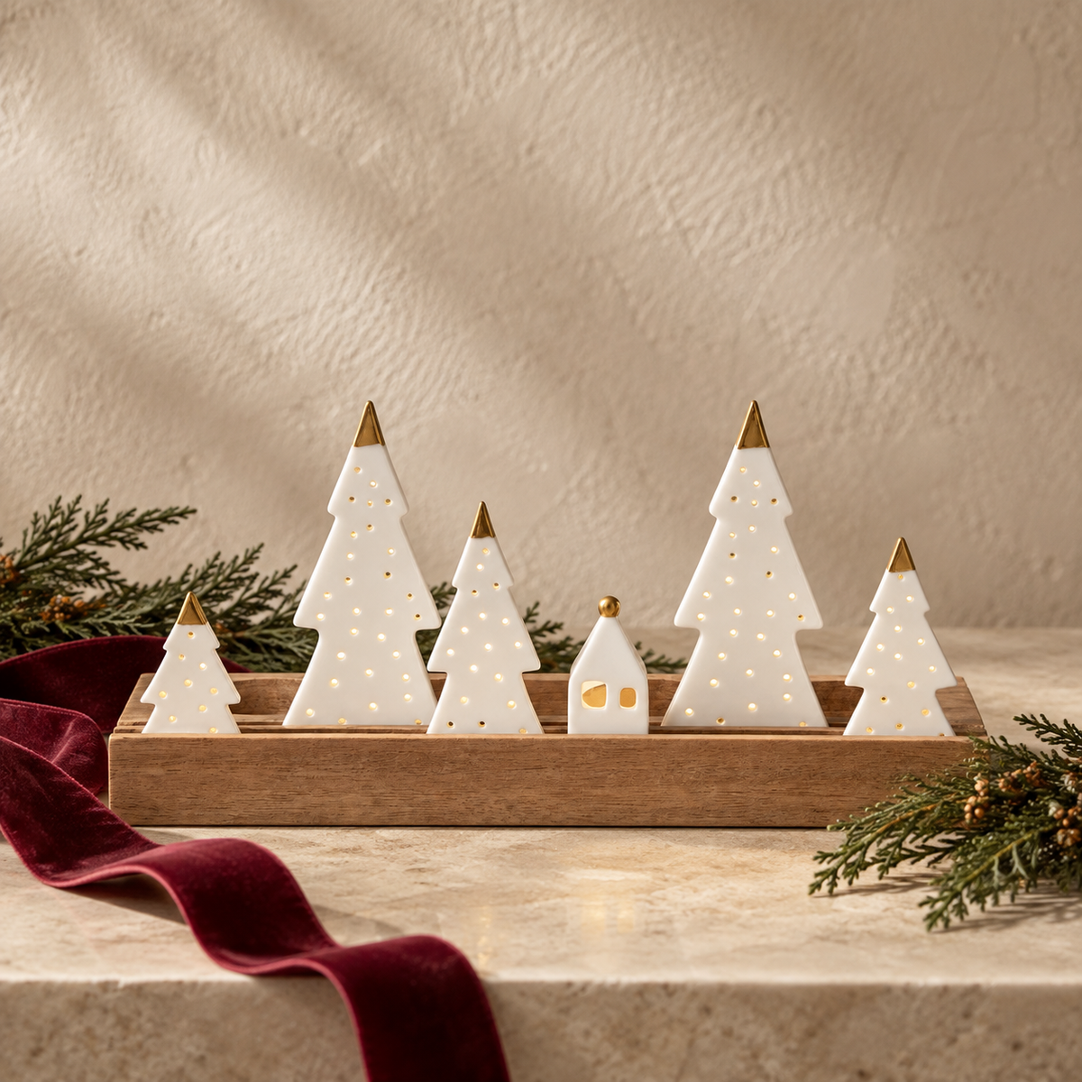 Frosted Porcelain Alpine Trees Tealight Tray