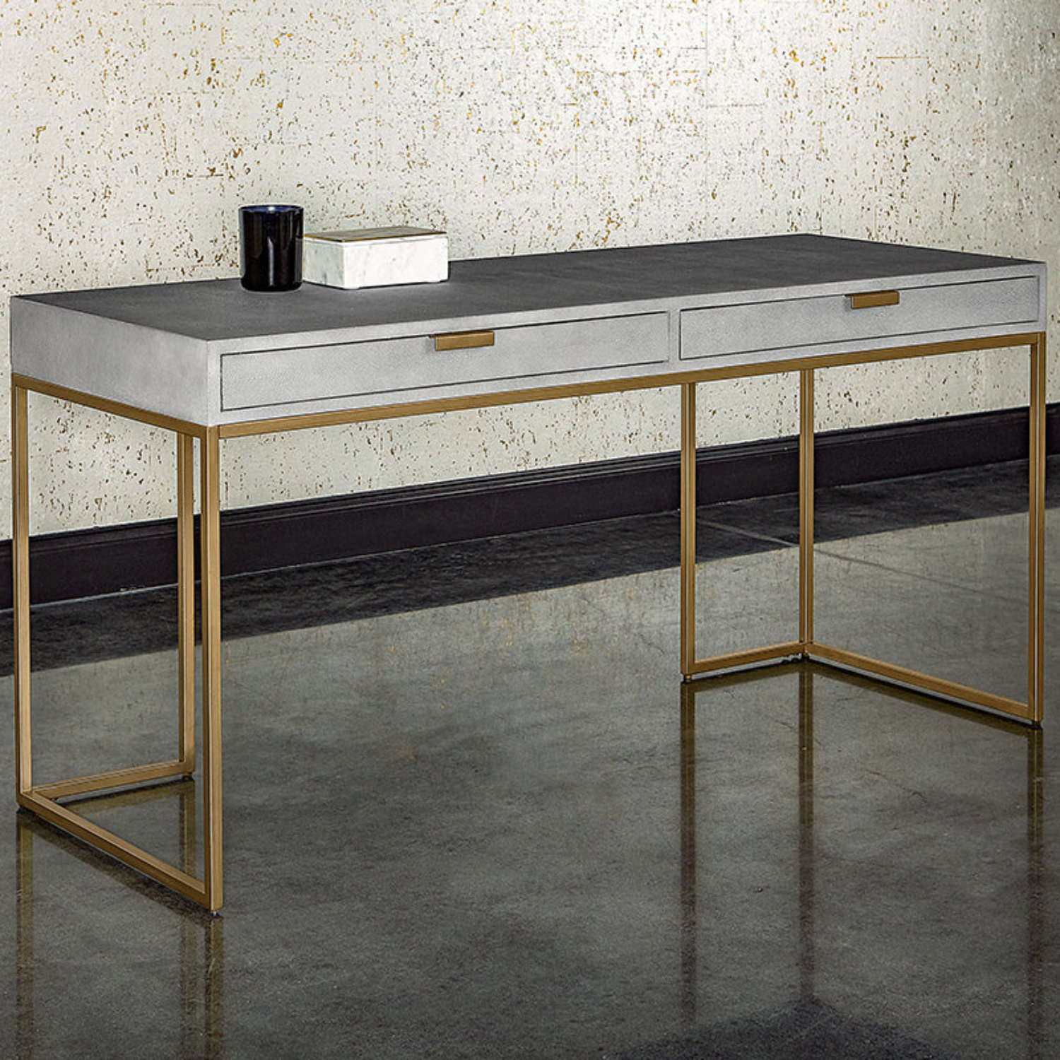 Shagreen Leather Desk - Grey/Brass