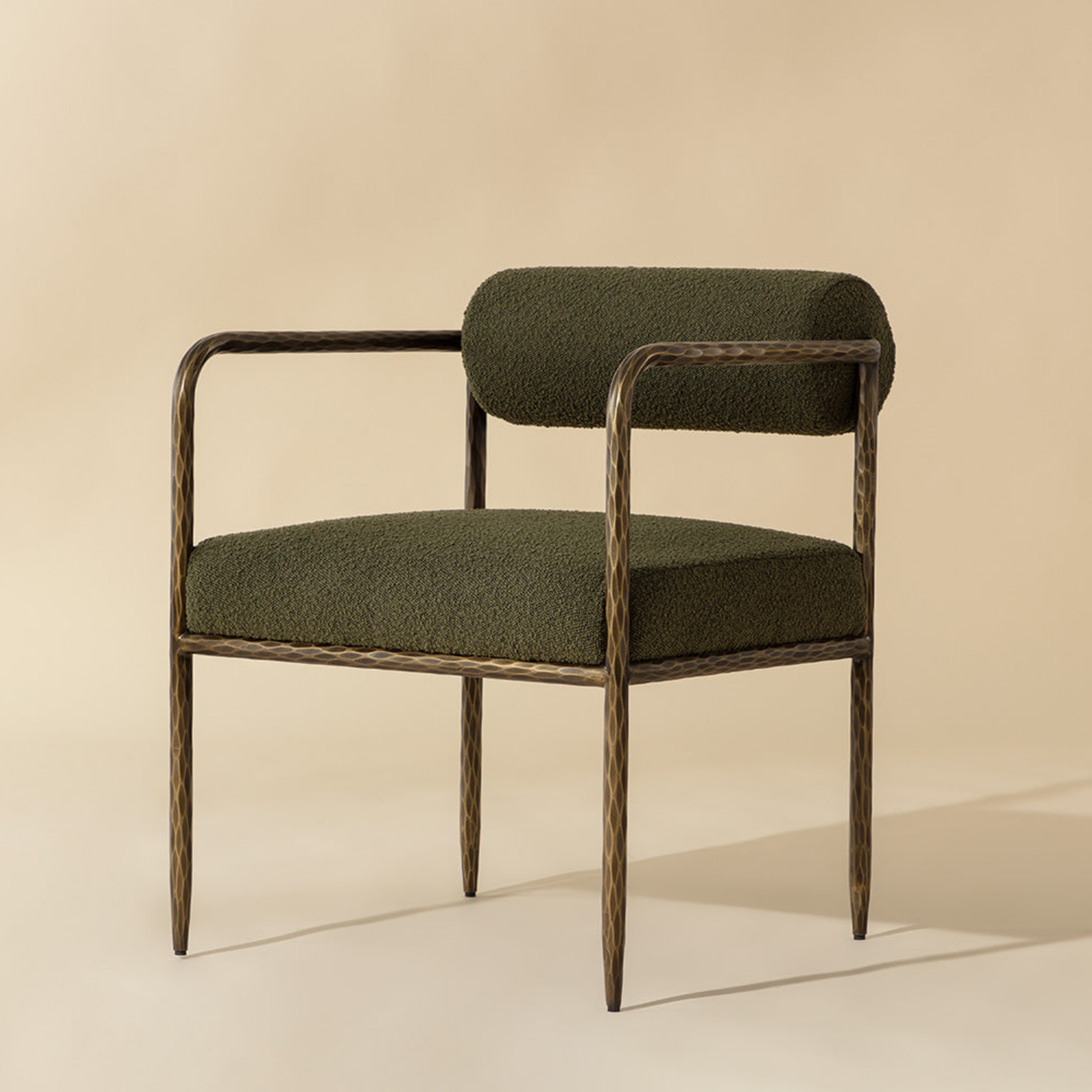Hammered Antique Brass Dining Arm Chair - Olive Boucle