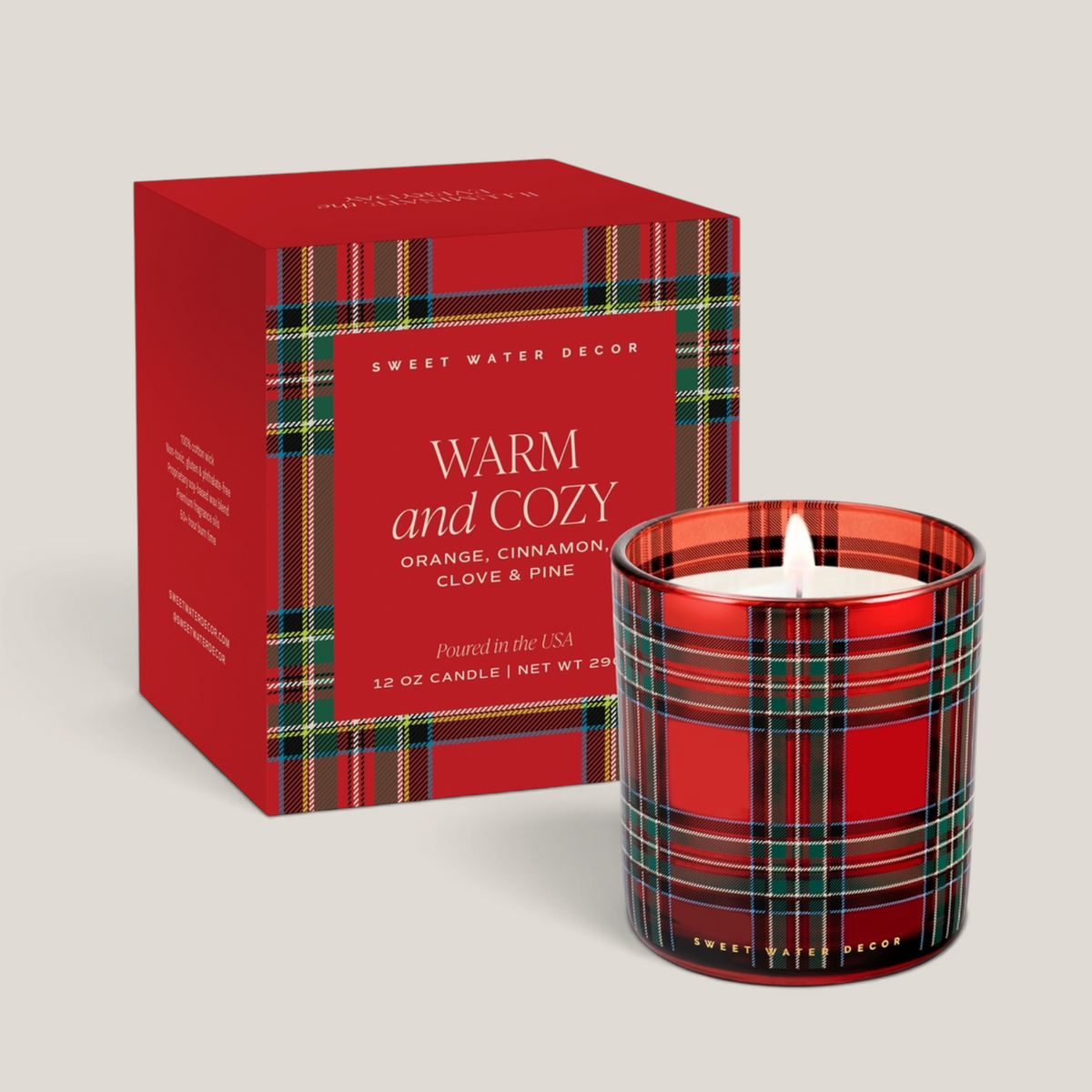 Warm & Cozy Red Plaid Christmas 12oz Soy Candle | Orange, Cinnamon, Clove, Pine