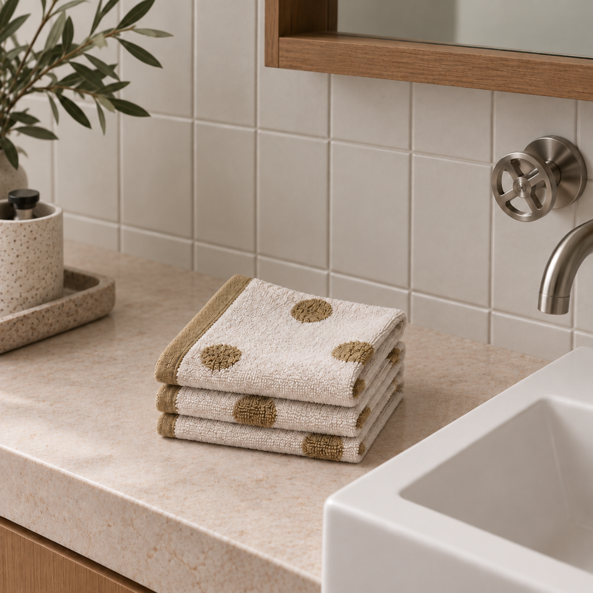 Dotty Cotton Face Towel (Set of 3) - Khaki/White