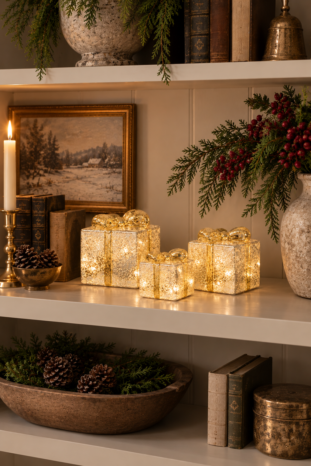 Noel Silver/ Gold Mercury Glass Light-Up Presents