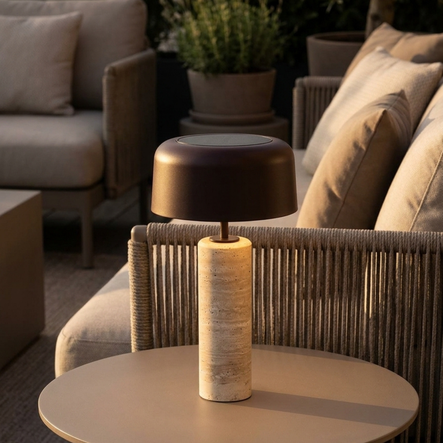 Lumiere Dome Rechargeable/Solar Lamp - Cocoa/Travertine