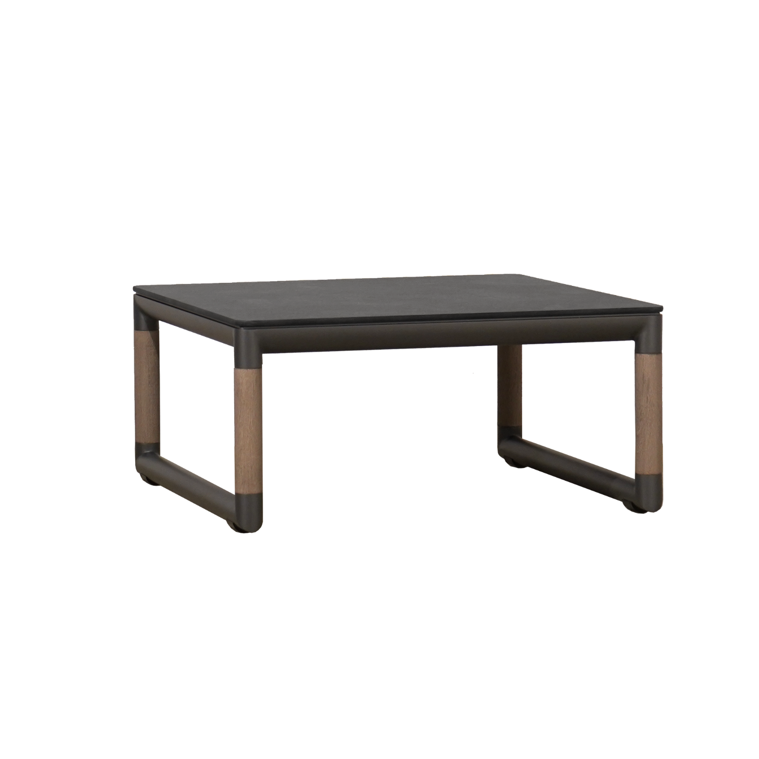 Premium contemporary outdoor end table, tubular aluminum frame teak accents on legs, charcoal frame, smooth high pressure laminate rectangular top with faux concrete top in dark grey