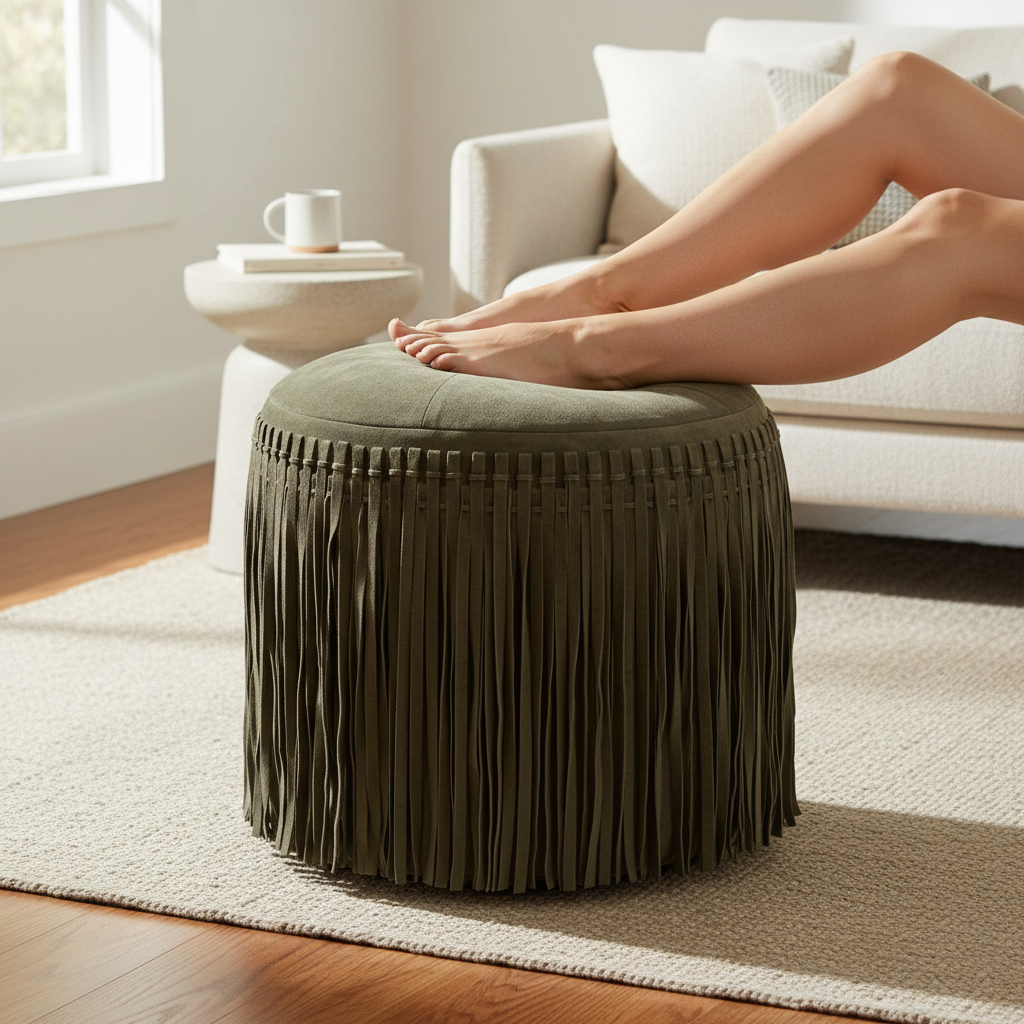 Suede Fringe Round Ottoman - Forest Green