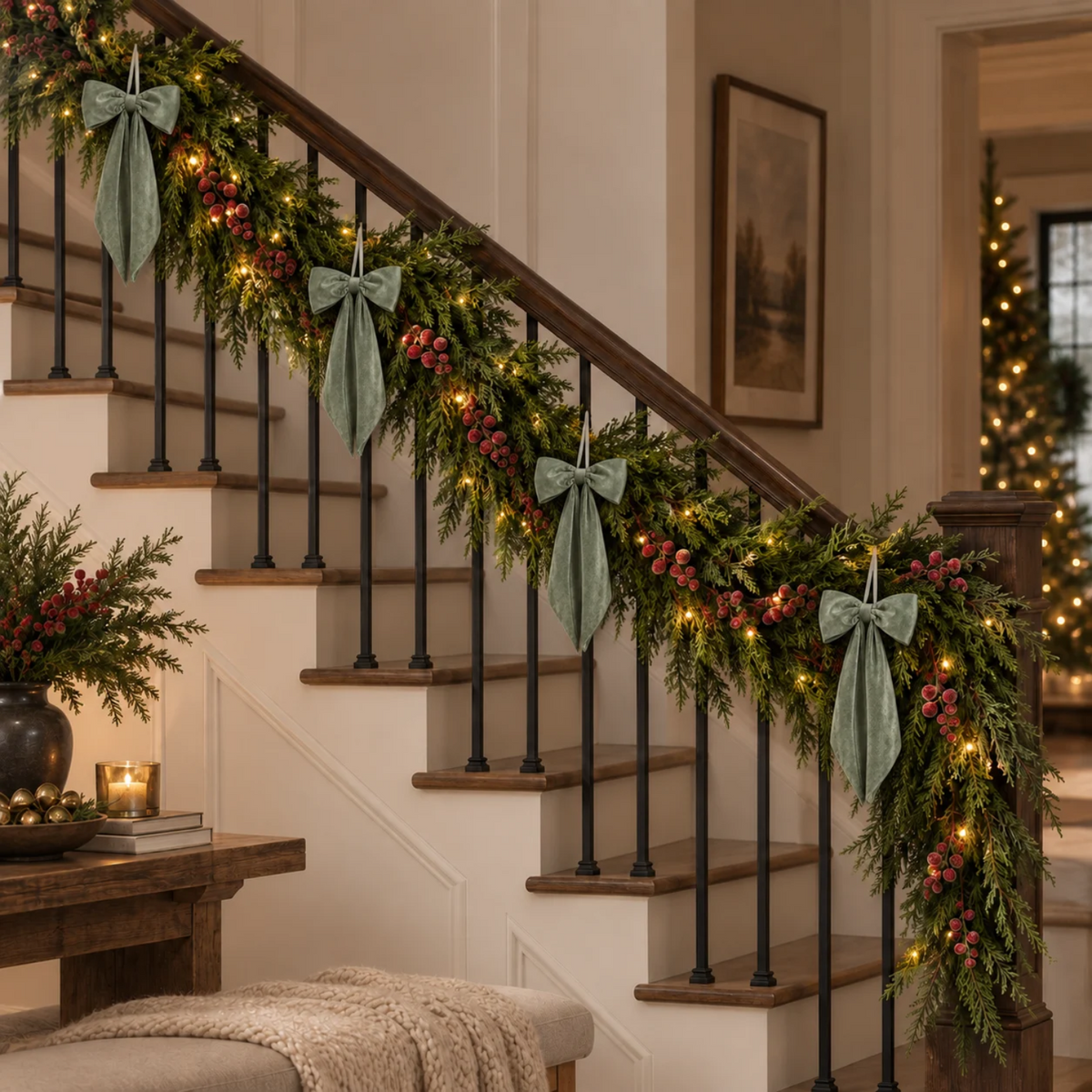 Pre-Lit Frosted Plum Berry Norfolk Garland 6ft & Bow Set - Sage (5 Pieces)